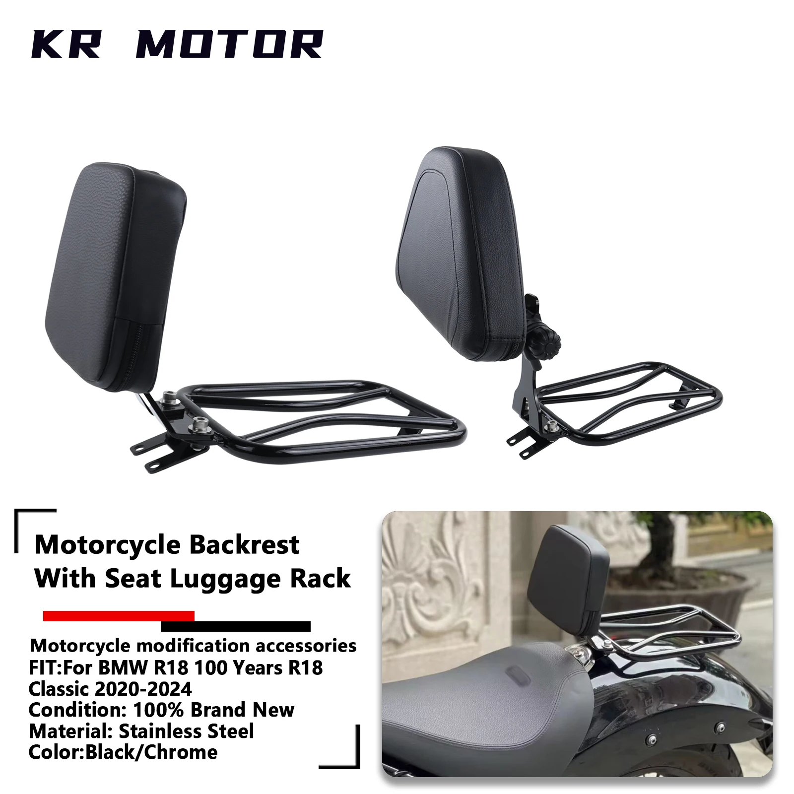 

Fit For BMW R18 Classic R 18 100 Years 2020-2024 Backrest With Seat Luggage Rack Driver Back Cushion Rear Baggage Holder Black