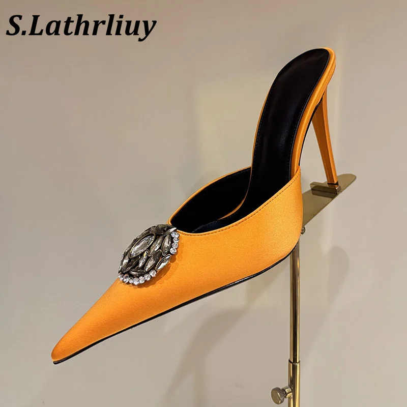 Slippers with shiny crystal decoration satin solid color sandals summer new 2026 sexy party slippers office commuting sandals