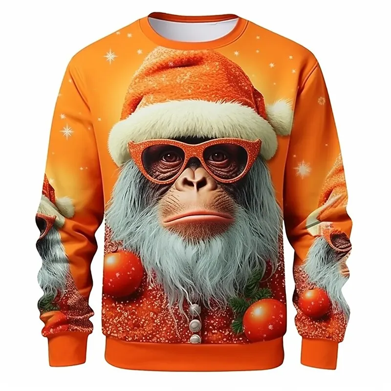 

Funny Christmas Gorilla Graphic O-Neck Sweatshirt 3D Print Creative Animal Pattern Long Sleeve Pullover Autumn Winter Casual Top