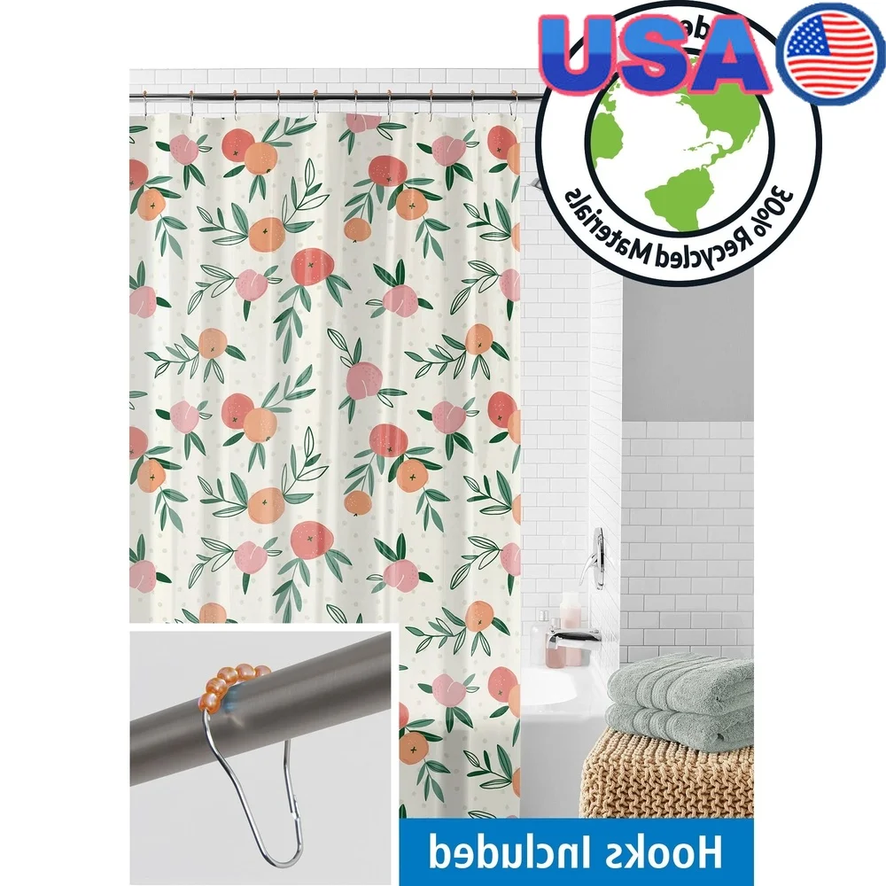 

Водонепроницаемая, экологически чистая, 30% набор занавесок для душа PEVA с 12 крючками на роликах, забавный персиковый узор, набор из 13 предметов