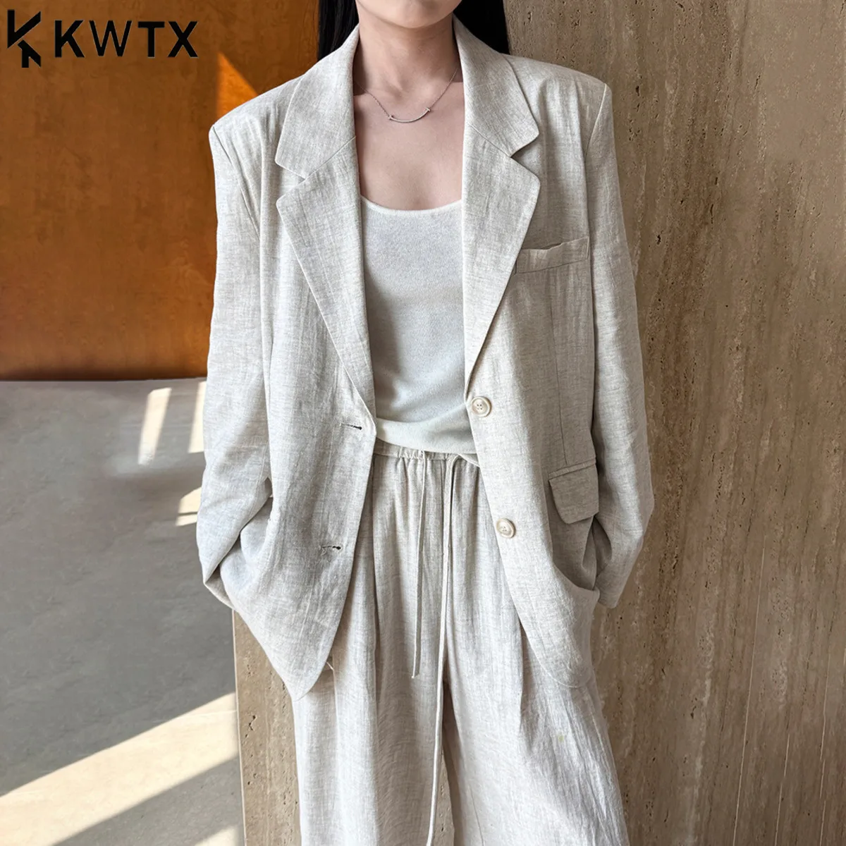 

KWTX Linen Suit Set Women's Loose Blazer & Pants Elegant Office Casual Outfit 2025 Trendy Summer Workwear