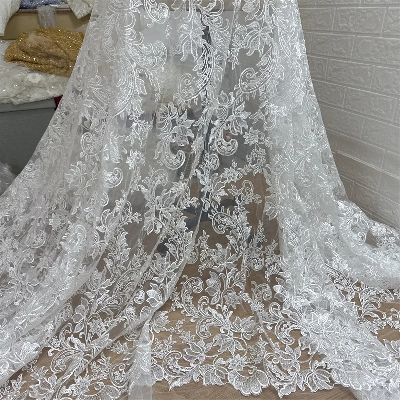Super Hot Off White Embroidery Lace Fabric High Quality Mesh French Chantilly Guipure Lace Fabric 1 Yard