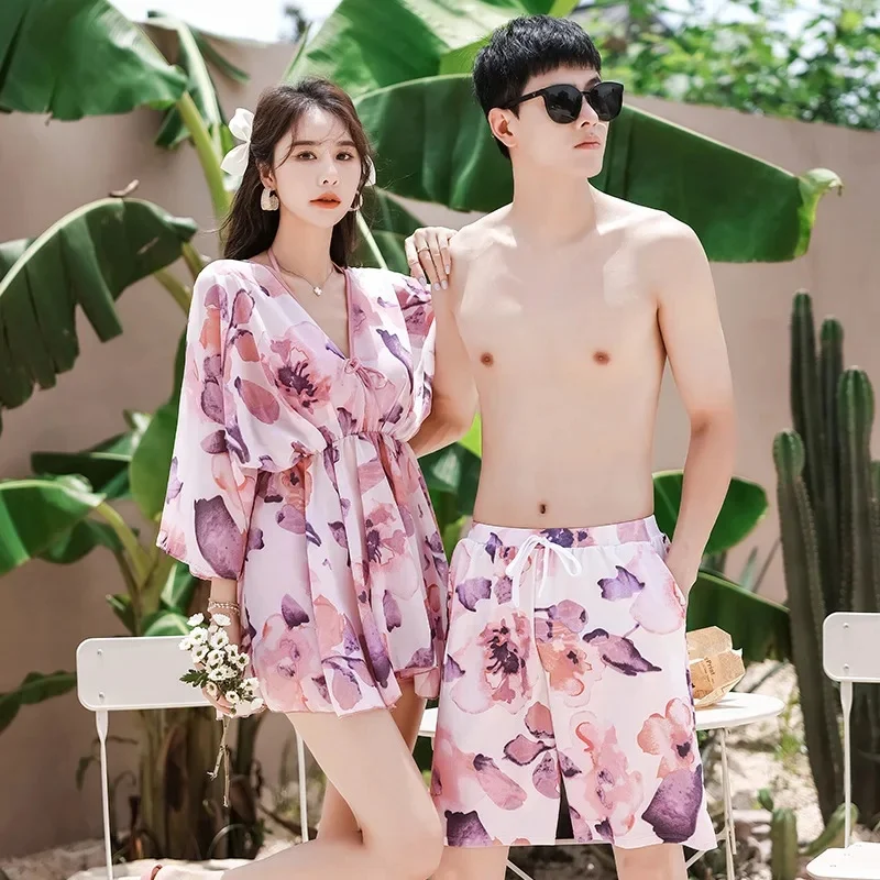 

Sexy Couple Swimsuit Set Pink Hawaiian Sling Split Swimswear Bathing Suits Lovers 2 Peice Set Women Swimming Pants for Man