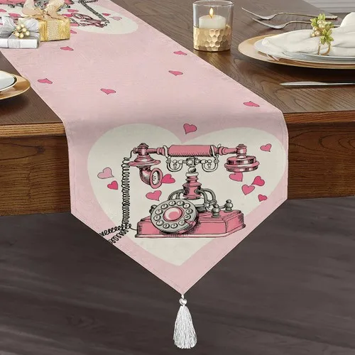 Real Homes Pink Floor Heart Antique Telephone Designed Digital Printed Decorative Tassels Chenille Triangle Runner