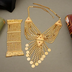 Kurdish Wedding Jewelry Set Gold Copper Plated Big Necklace with Coins Turkish Totem Design Bridal Gift with Bracelet