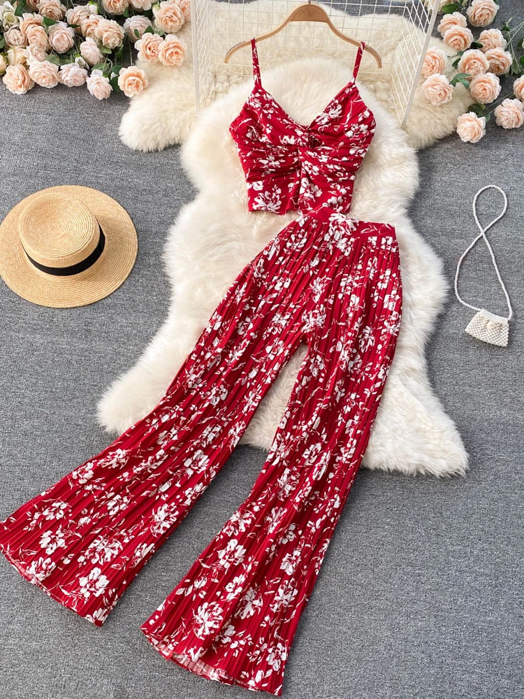 Women Summer Casual Pants Suit 2 Piece Set Female Floral Print Sleeveless Top & Wide Leg Pants Female Fashion Outfit