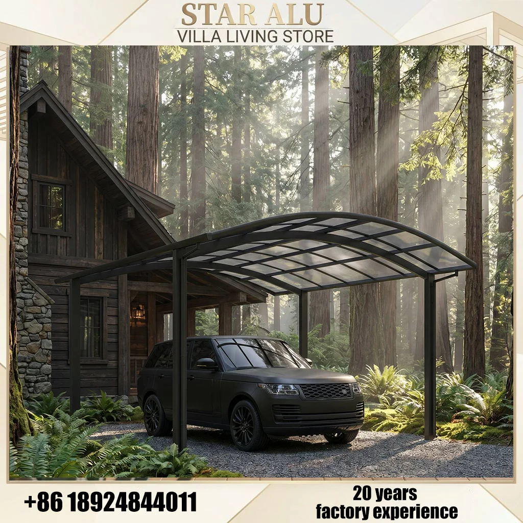 OneAlu Forest Retreat Carport: Curved Aluminum Polycarbonate Canopy for Luxury Woodland Cabins