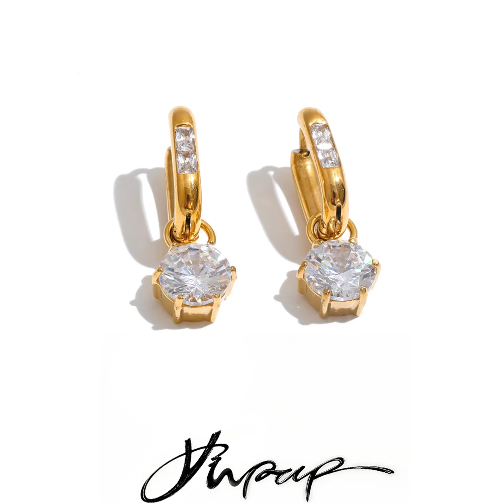 Yhpup Edelstahl Glänzende Zirkonia Runde Tropfen-Creolen für Damen 18K PVD-beschichtet Täglicher Glamouröser Schmuck