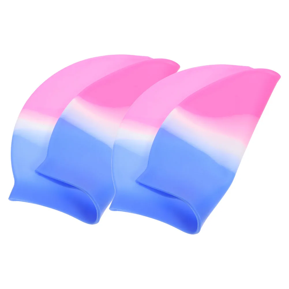

2Pcs Children's Swim Cap Long Hair Elastic Silicone UV Protection Bathing Spa Women Swimming Hat Blue Pink Gradient