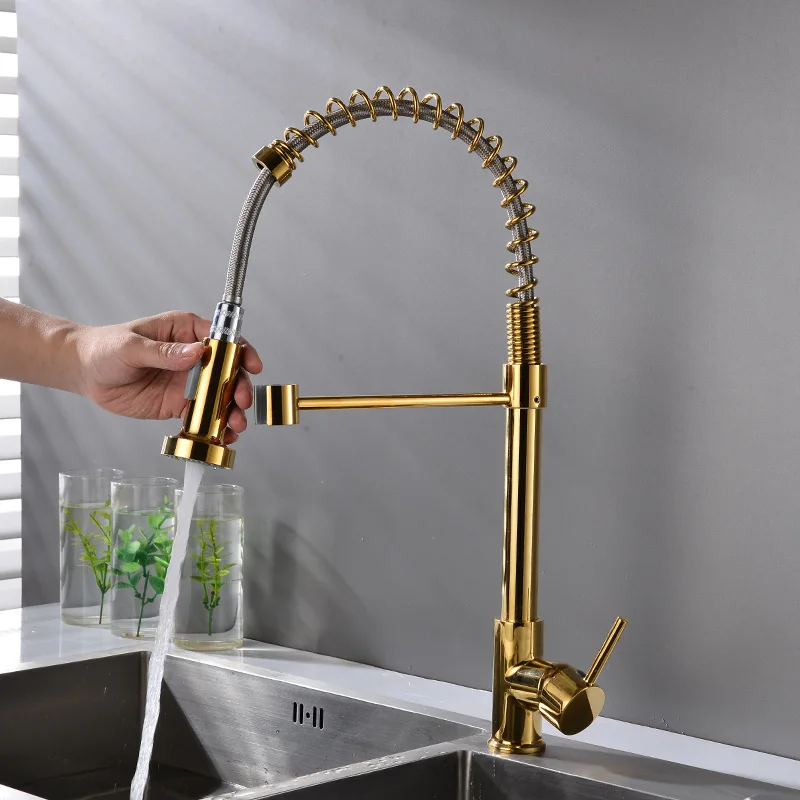 Golden spring pull-out kitchen faucet with hot and cold multifunctional sink, vegetable washing basin, sink faucet