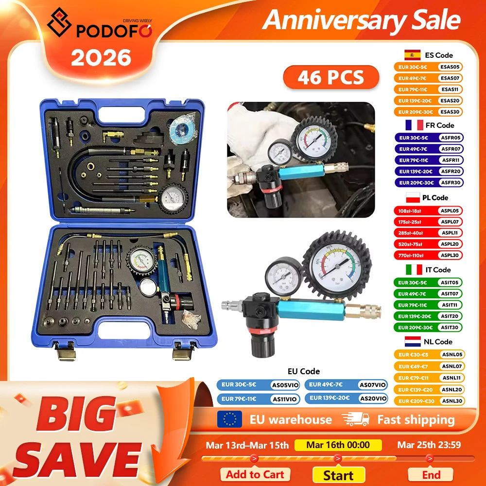 Podofo 46 Stück Kompressionstester, Druckverlust-Tester, Motortester, kompatibel mit Diesel- und Benzinmotoren für die Reparatur von Autos