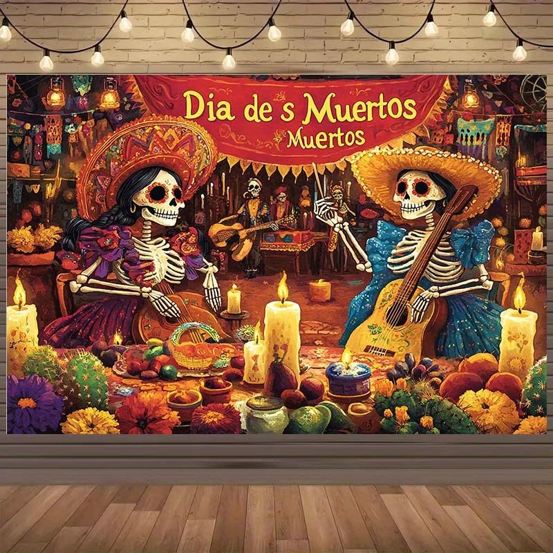 Lebendiges Hintergrundbanner „Day of the Dead“ – mexikanische Dekoration, Totenkopfmusiker, Ringelblume und Kerzenmuster – Polyester