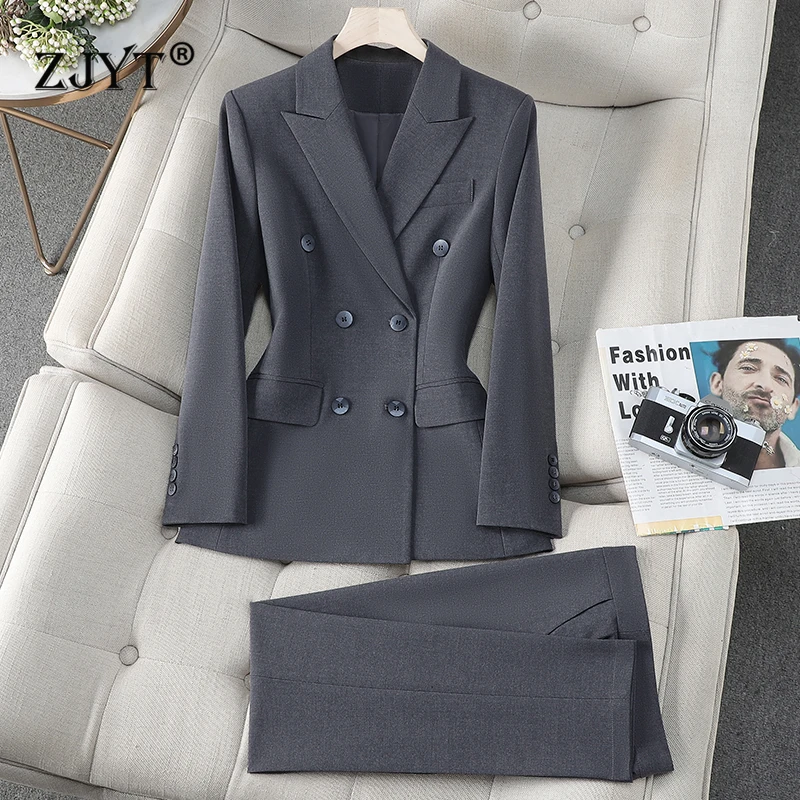 

ZJYT Elegant Commuter Double Breasted Blazer Pants Set for Woman 2 Pieces Matching Sets Autumn 2025 Jacket Trousers Suit Office