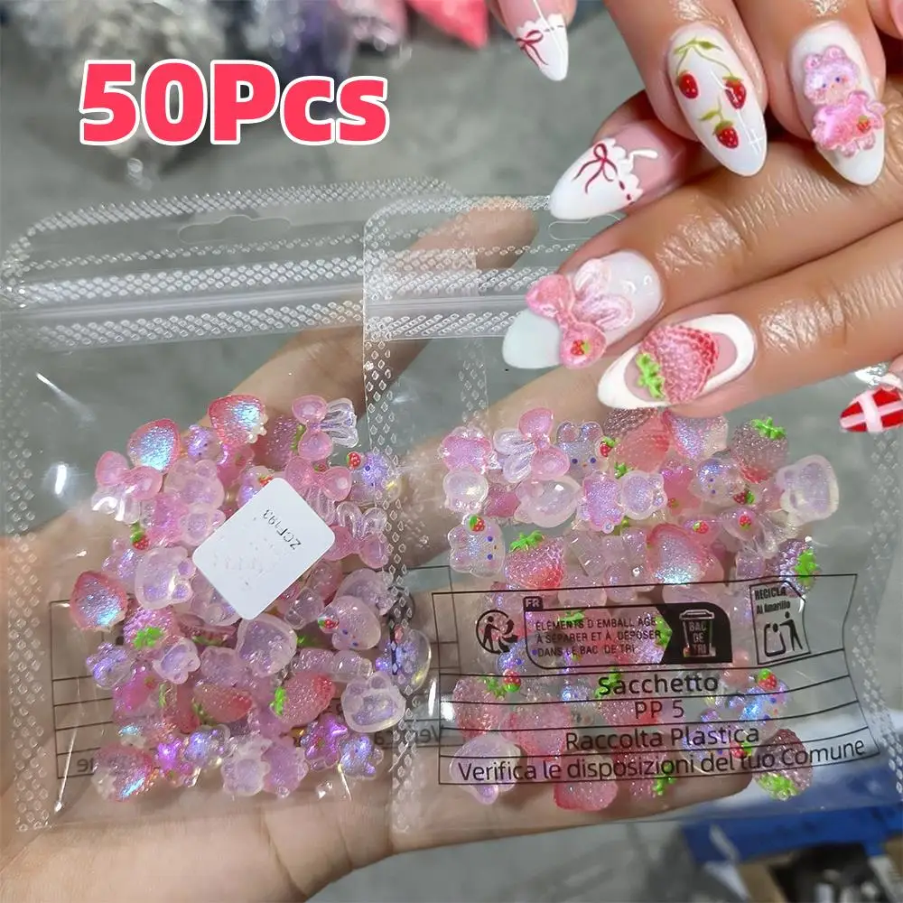 50 Stück 3D Mixed Glitter Erdbeere Kaninchen Schleife Nagel Charms Kawaii Harz Kaninchen Nail Art Dekorationen DIY Handwerk Maniküre Zubehör