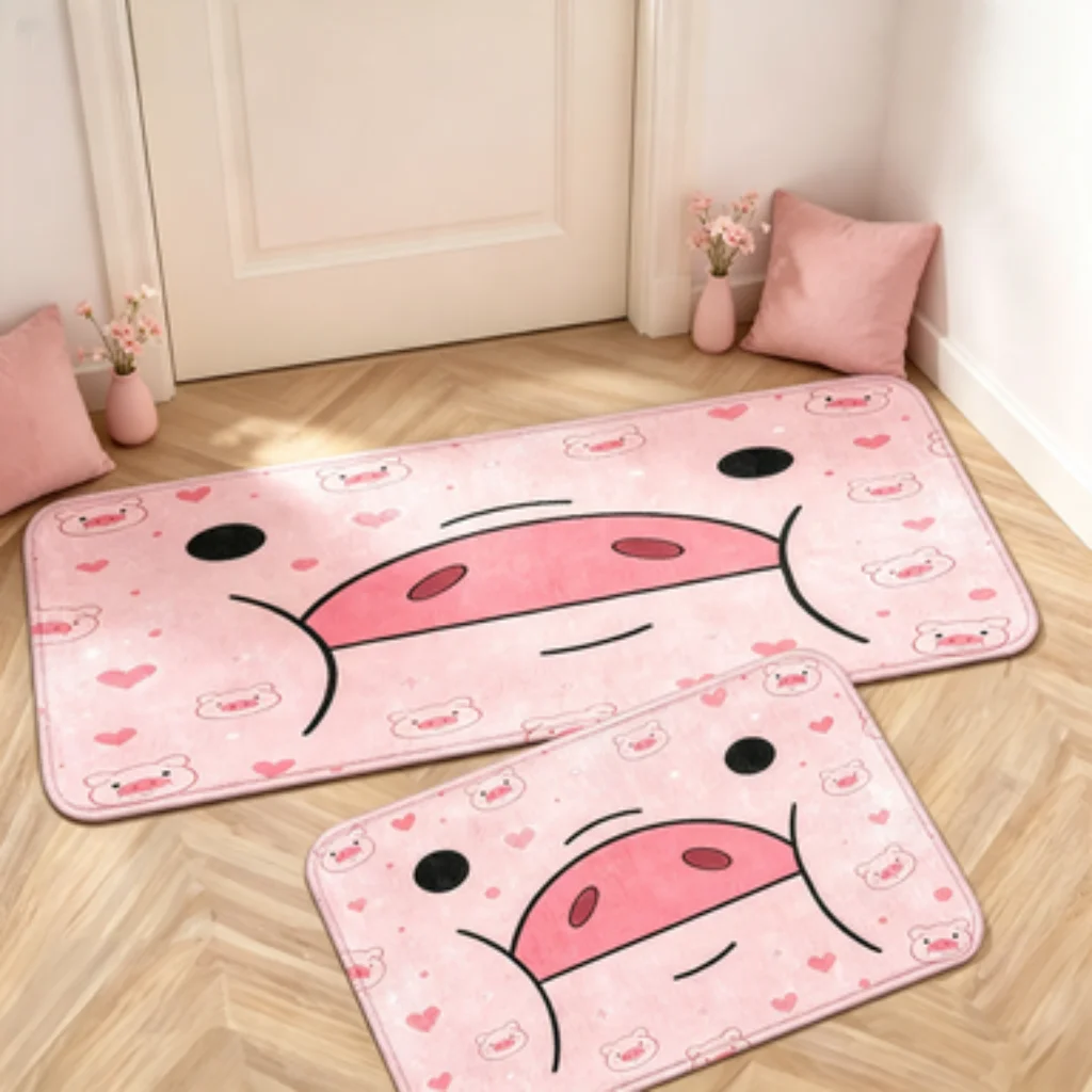 Pink Pig Face Runner, Japanese Onsen Green Plant Mat, Peach Tulip Floral Mat, Black Colorful Cat Paw Door Mat.