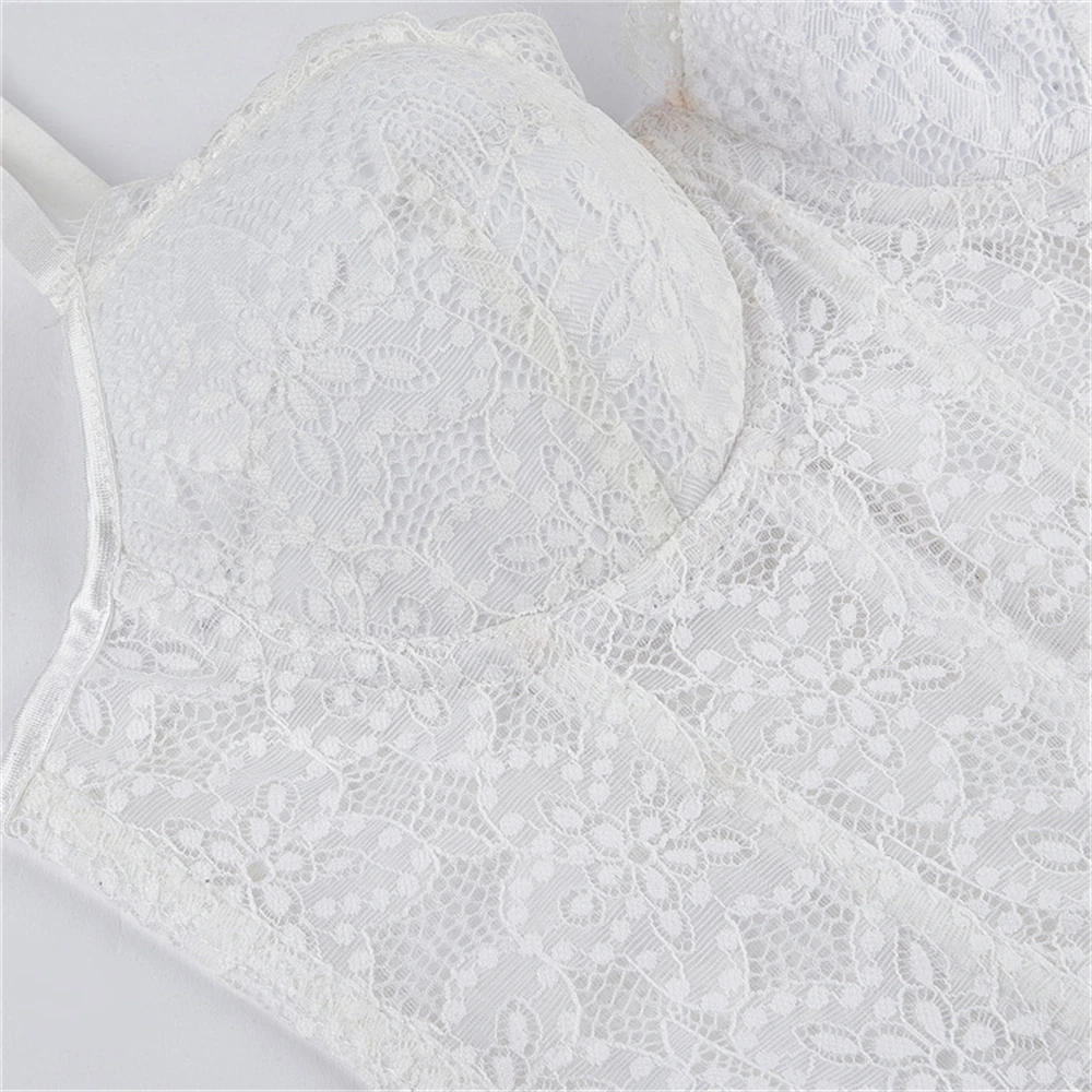 Women Corset Lace Fish Bone Bustier Vest Tops Sexy Mesh See Through Crop Top WHITE Spaghetti Strap Lace Bra Burlesque Underwear