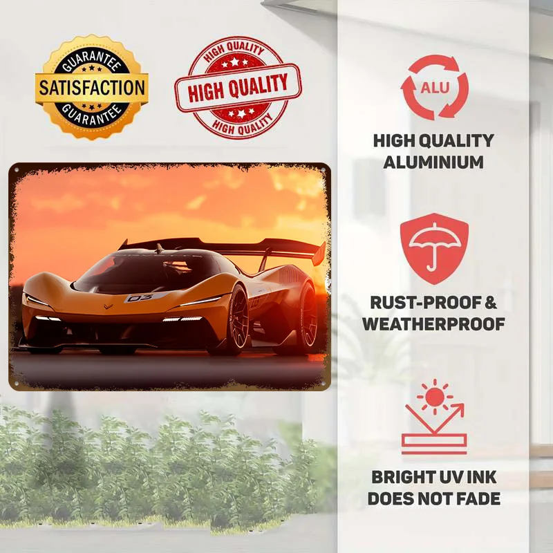 Sports Corvette Orange Car Printed Poster Customized Wall Art Retro Vintage Metal Tin Signs for Decor Room Decoration Cozy House