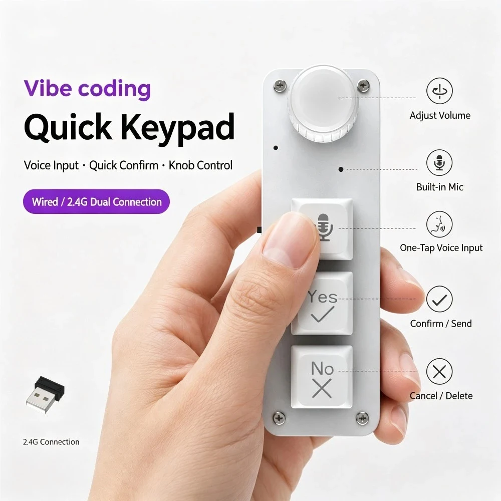 Vibecoding Quick Keypad Mini Mechanical Keypad 2.4G Wireless Wired Dual Mode Multifunction Knob Built In Mic One Tap Voice Input