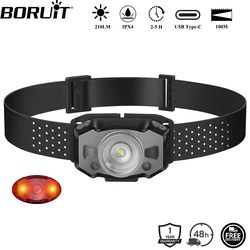 BORUiT-Mini faro LED B33 con Sensor de movimiento, luz roja XP-G2 3030, Zoom, recargable por USB linterna de cabeza, linterna de pesca
