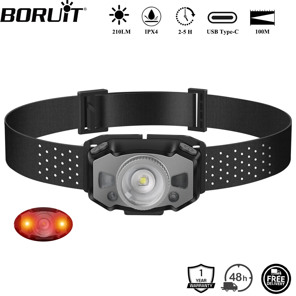 BORUiT B33 Motion Sensor LED Mini Headlamp XP-G2 3030 Red Light Zoom Headlight Type-C Rechargeable Head Torch Fishing Lantern