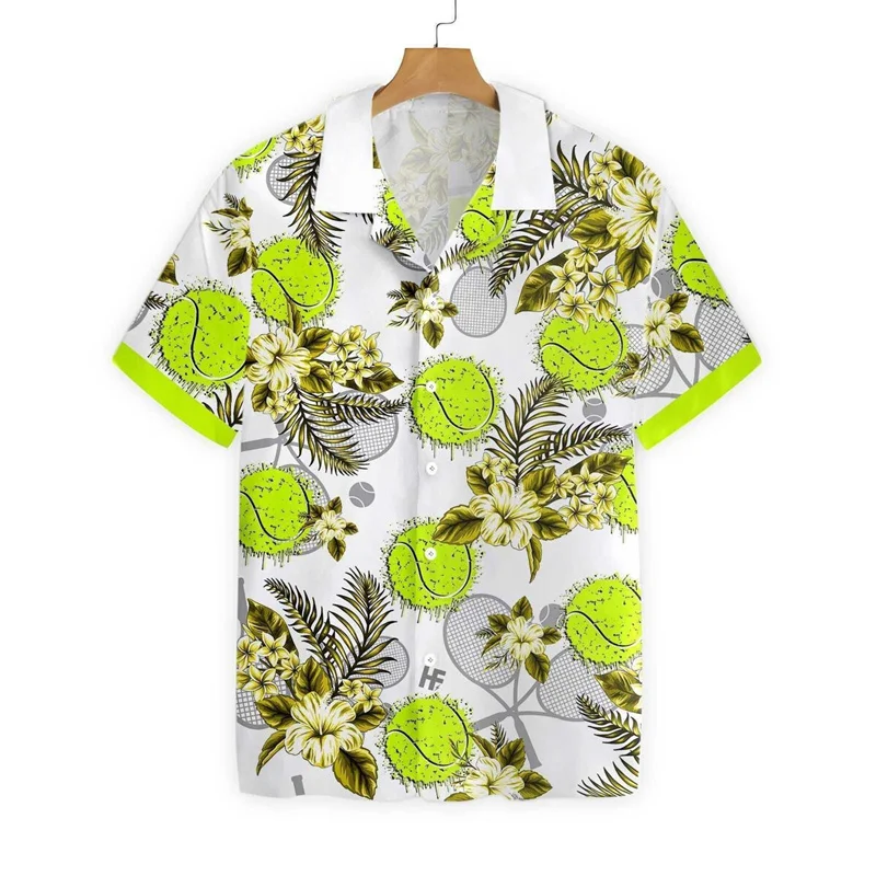 Tennis Ball Racket Pattern Hawaiian Shirt Men Fashion 3d Printed Sports Shirts Summer Street Short Sleeves Lapel Button Blouse