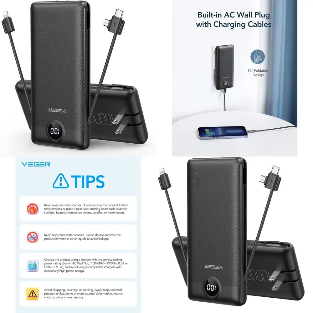 

All-in-One 10000mAh Slim Power Bank with Built-In AC Plug and Cables, Fast Charging for iPhone & Android Devices (Black)