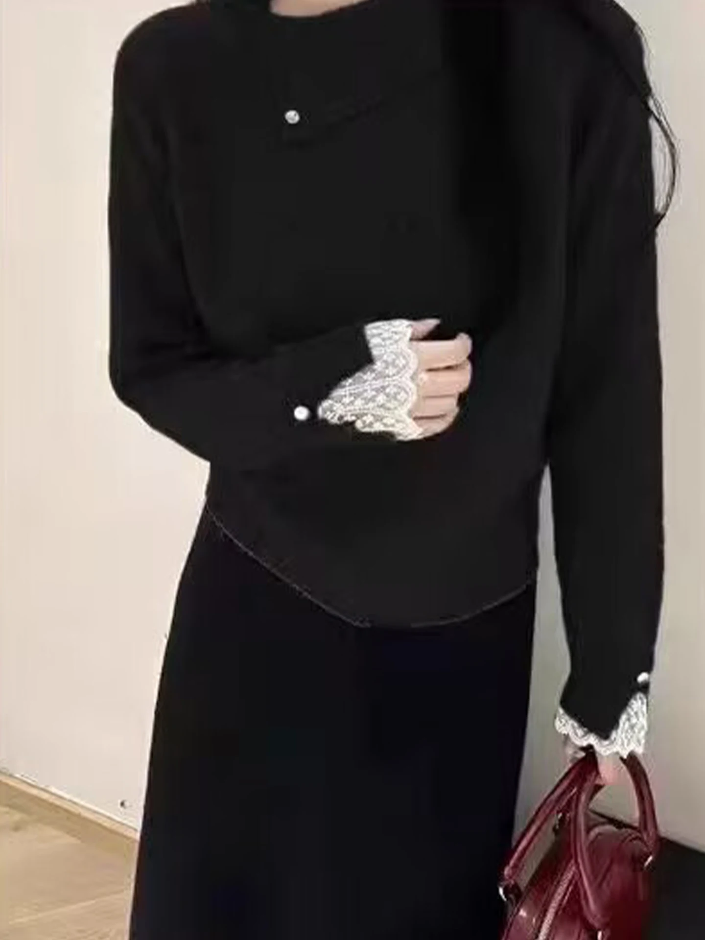 Maglione lungo Sve con giunture in pizzo unico allentato sopra la testa coreano Sle lavorato a maglia morbido Top da donna Faion Autunno 2025 Anti-età