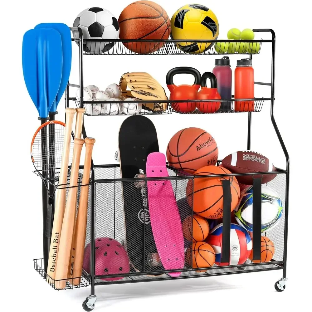 

Garage Sports Equipment Organizer with Rolling Wheels, Baskets, and Brakes - Heavy Duty Steel Ball Storage Rack