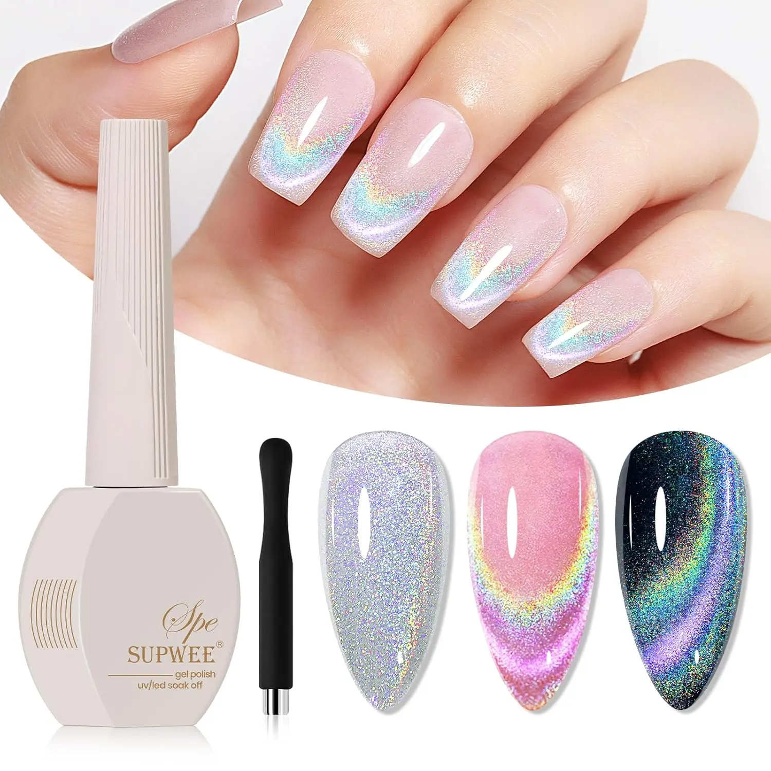 

Rainbow Cat Eye Gel Polish 15ml Holographic 9D Effect with Magnetic Stick for Galaxy Nail Art