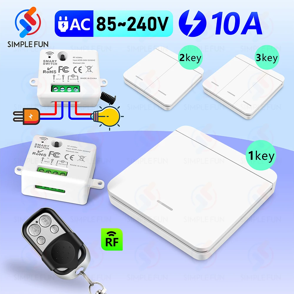 433Mhz Mini Wireless Remote Control Light Switch 220V 110V 10A,Wireless Wall Panel Switch,Mini RF Relay Module for Lamp Led Fan