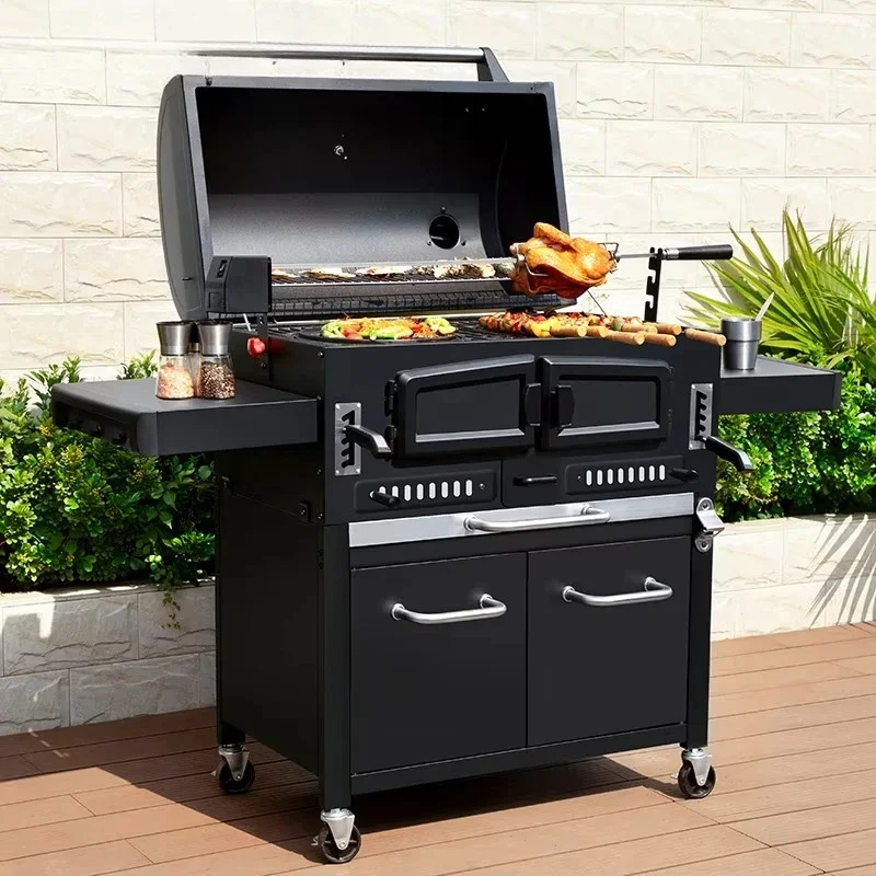 

Large outdoor portable charcoal grill heavy duty trolley cast iron burning