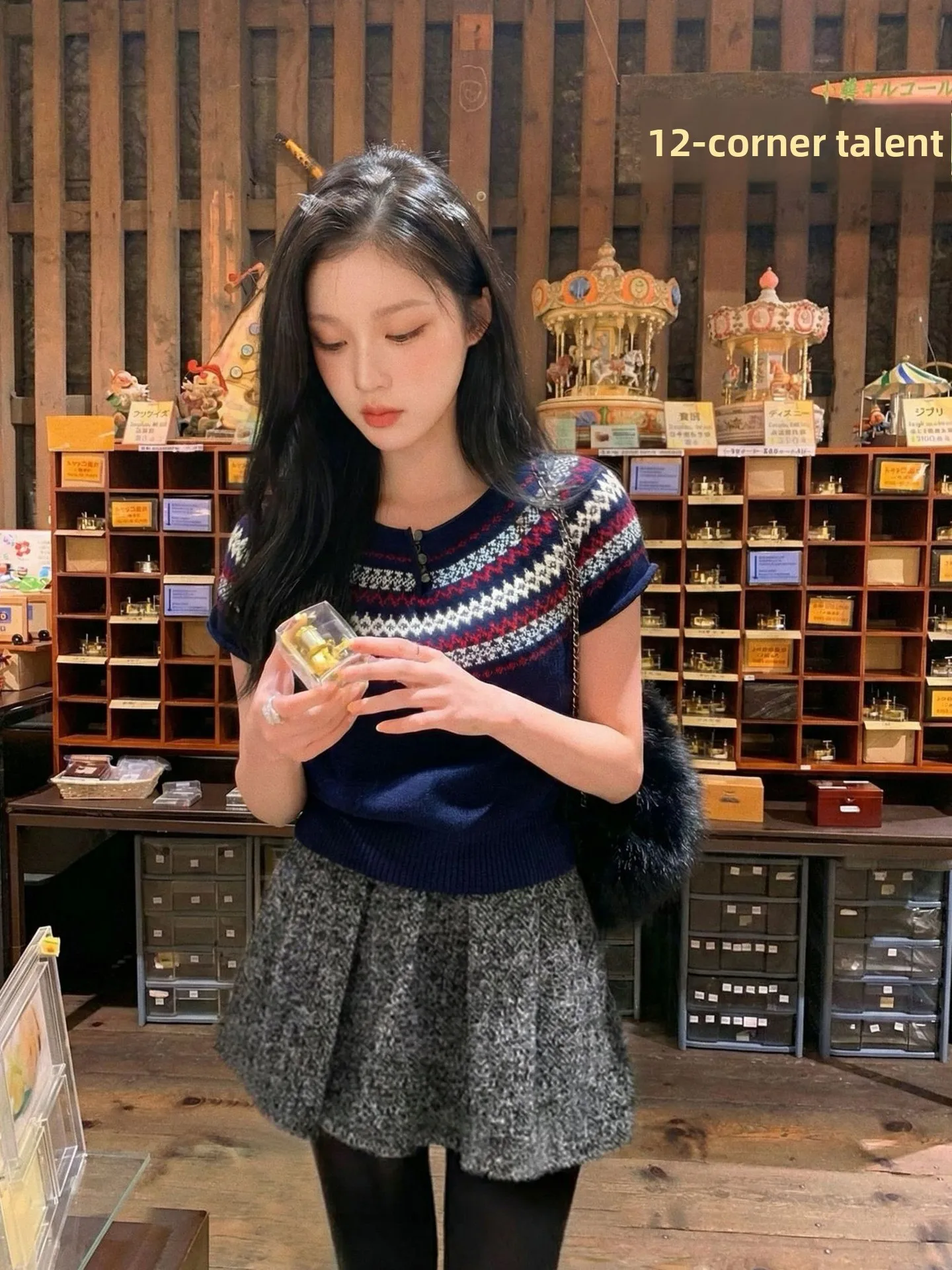 

MOSA 8 Fair Isle Motif Knitted ort Sve T-irt Women's Loose Layering Top round Ne Stripe Pattern Casual Wear