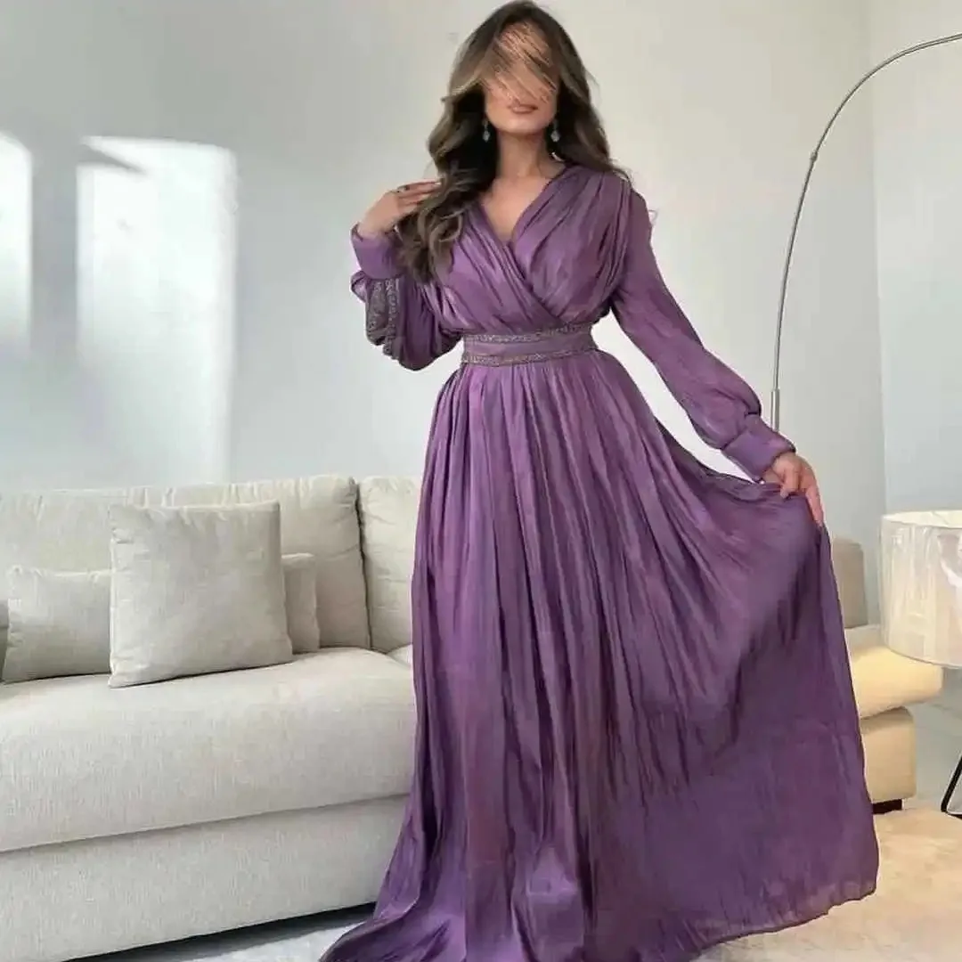 Luxury Purple Evening Dresses Zipper Up V-Neck Prom Dresses Full Sleeves Floor-Length Saudi Arabia Wedding Party Dress Gala 2024