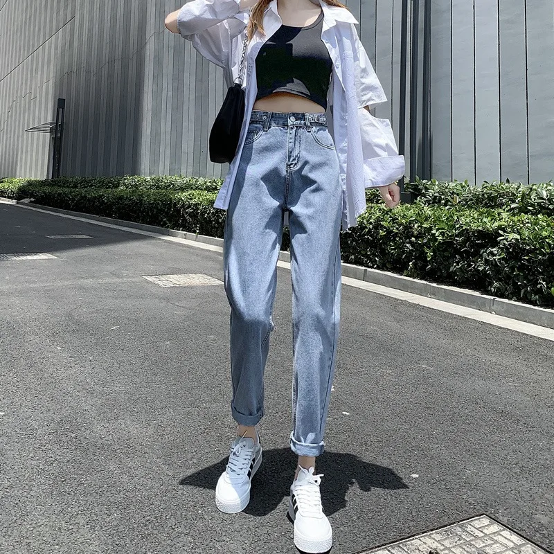 High Waist Dad Style Jeans Women's Spring Autumn  Loose Slimming Small Size Nine Points Cabbage Harlan Pants Salt Series