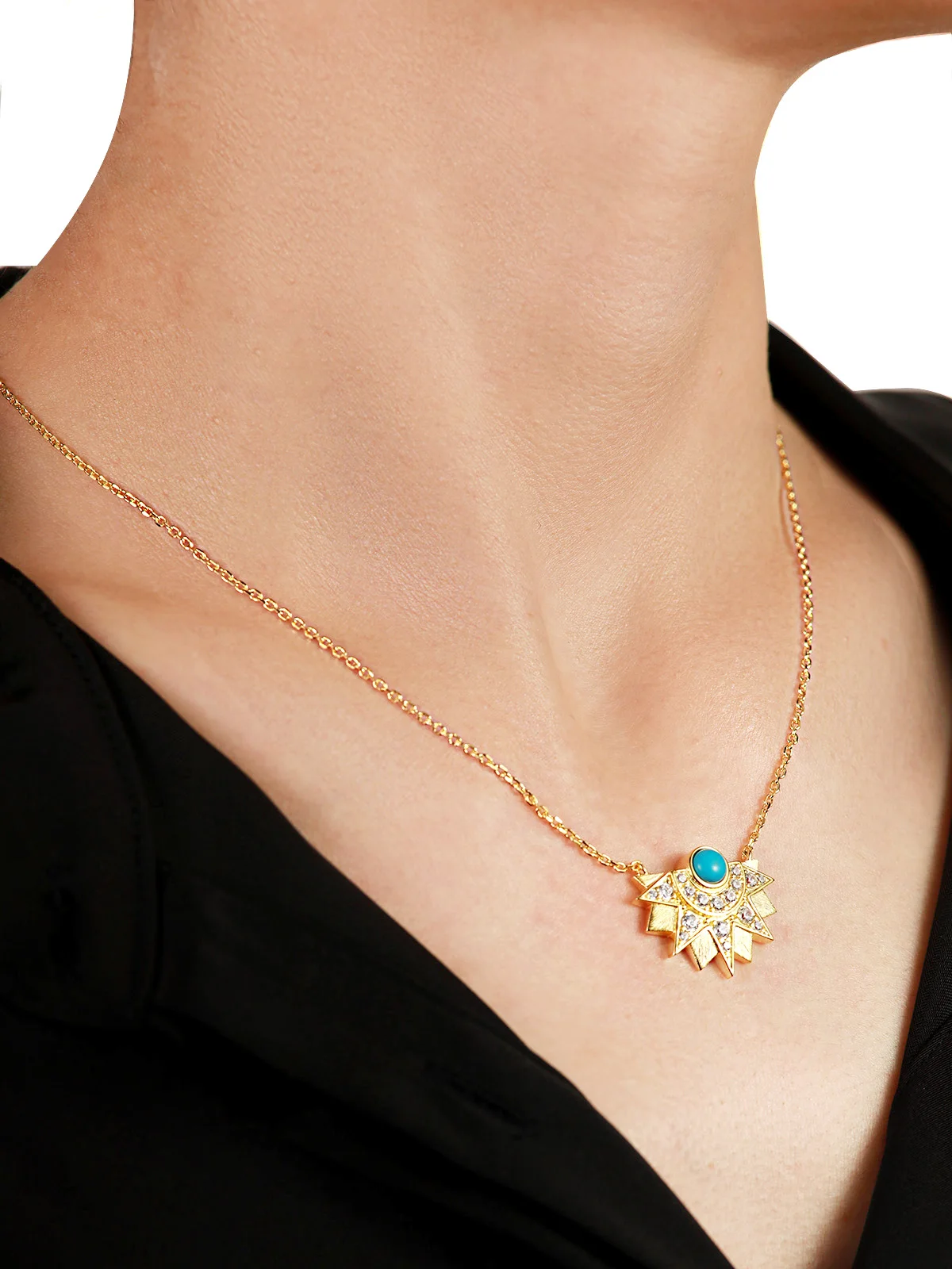 

APIR Blue Turquoise Sun Round Floral Design Pendant Necklace for Women 18K Gold Plated Elegant Fine Neck Jewelry Gifts customize