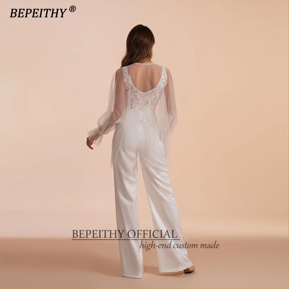 BEPEITHY Ivory V Neck Lace Bodice Long Evening Jumpsuite Dresses For Women 2023 Sleeveless Wedding Party Gown With Jacket New