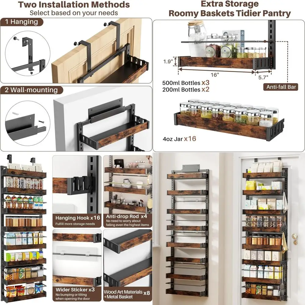 

8-Tier Door-Mounted Pantry Organizer with Hooks, Wall or Metal Spice Rack, Adjustable Baskets for Kitchen Storage