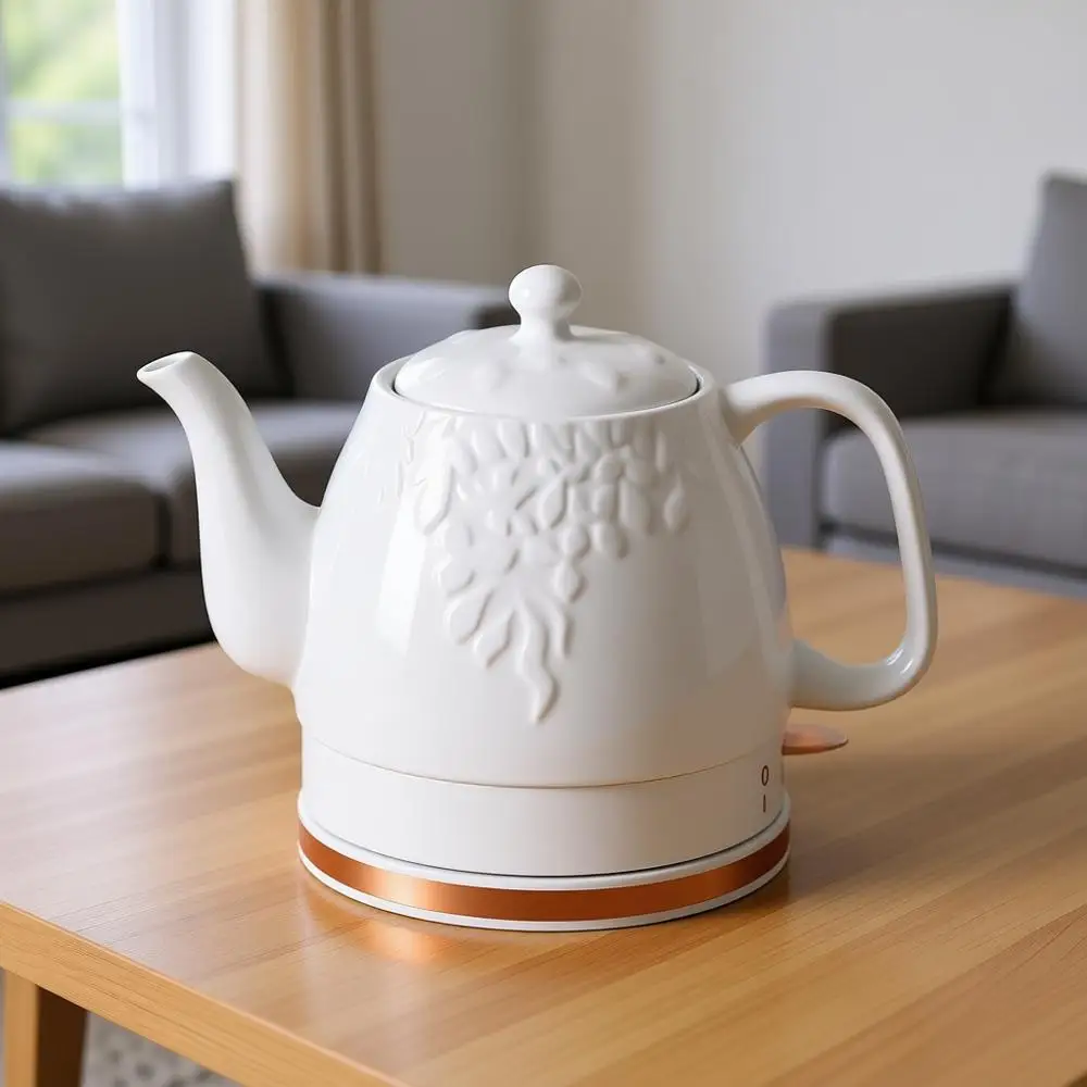 

Электрический чайник, быстрое нагревание воды, съемное поворотное основание, защита от выкипания, автоматическое отключение, 1 л, белый