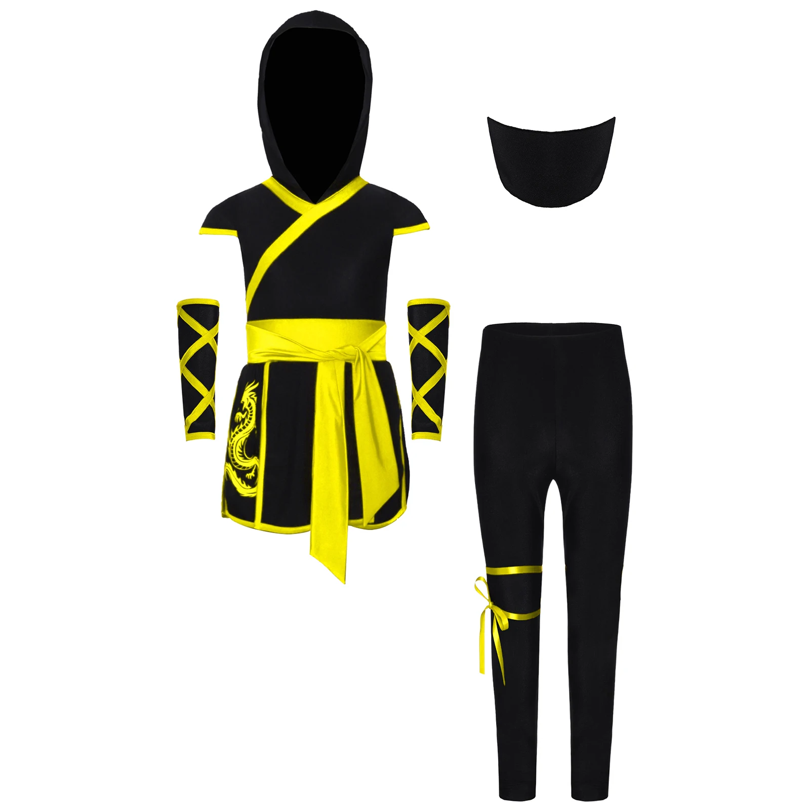 

Unisex Girl Boy Ninja-Style Cosplay Costumes Hooded Top Dragon Printed Hem with Match Gloves Pants And Tie-Up Mask Halloween Set