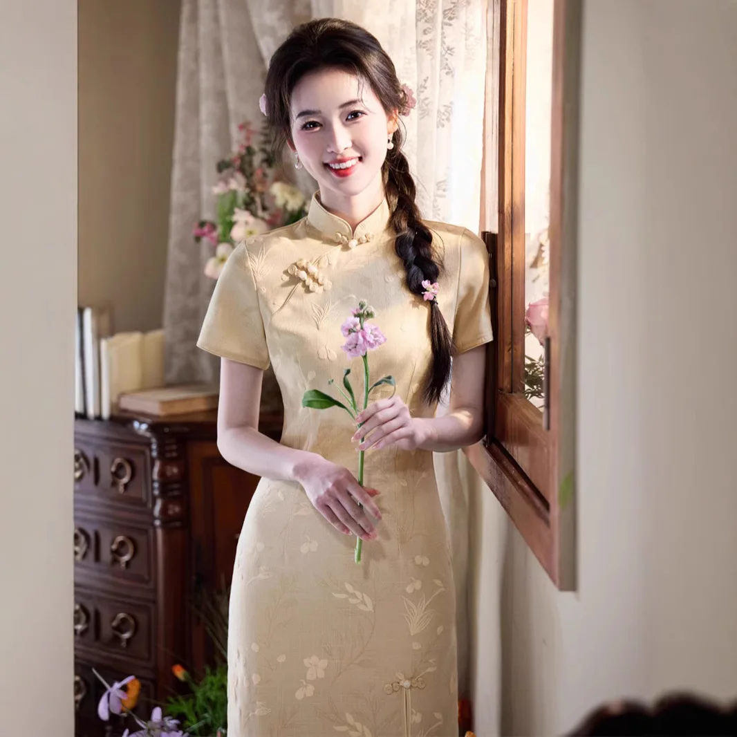 Yourqipao Summer Printed Retro Short Cheongsam Traditional Chinese Style Evening Dress Banquet Photo Qipao for Women Party