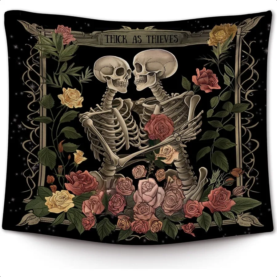 

Black Gothic Skull Lovers Wall Tapestry Vintage Skeleton Lovers Wall Tapestry Hanging for Bedroom Valentines Goth Floral Tapest