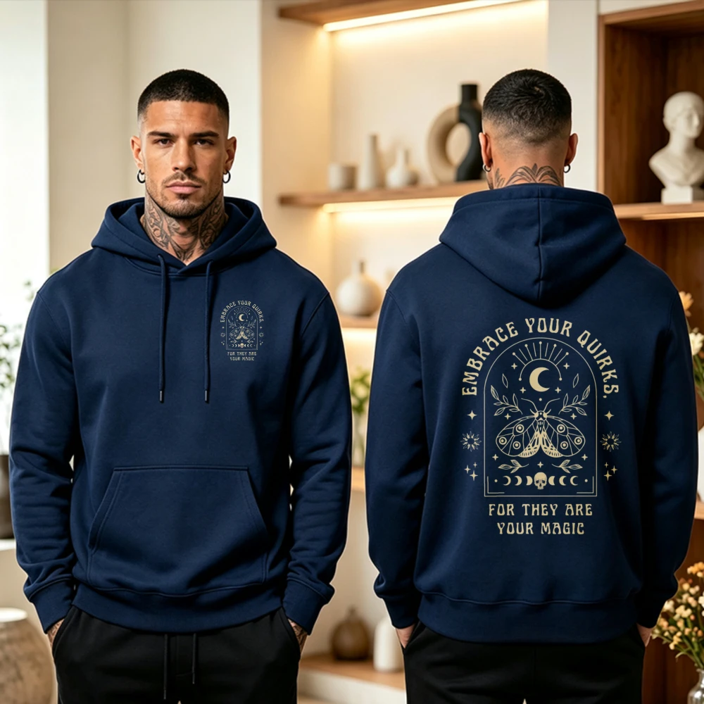2026 Embrace Your Quirks for They Are Your Magic Hoodie Pink Celestial Moth Moon Stars Graphic Pullover Cozy Women Unisex Top