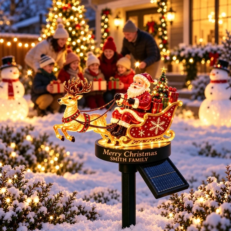 Solar Christmas Yard Stake Light with Santa Sleigh Scene, Automatic Warm LED Night Lighting for Lawns, Flower Beds, Garden KXRE