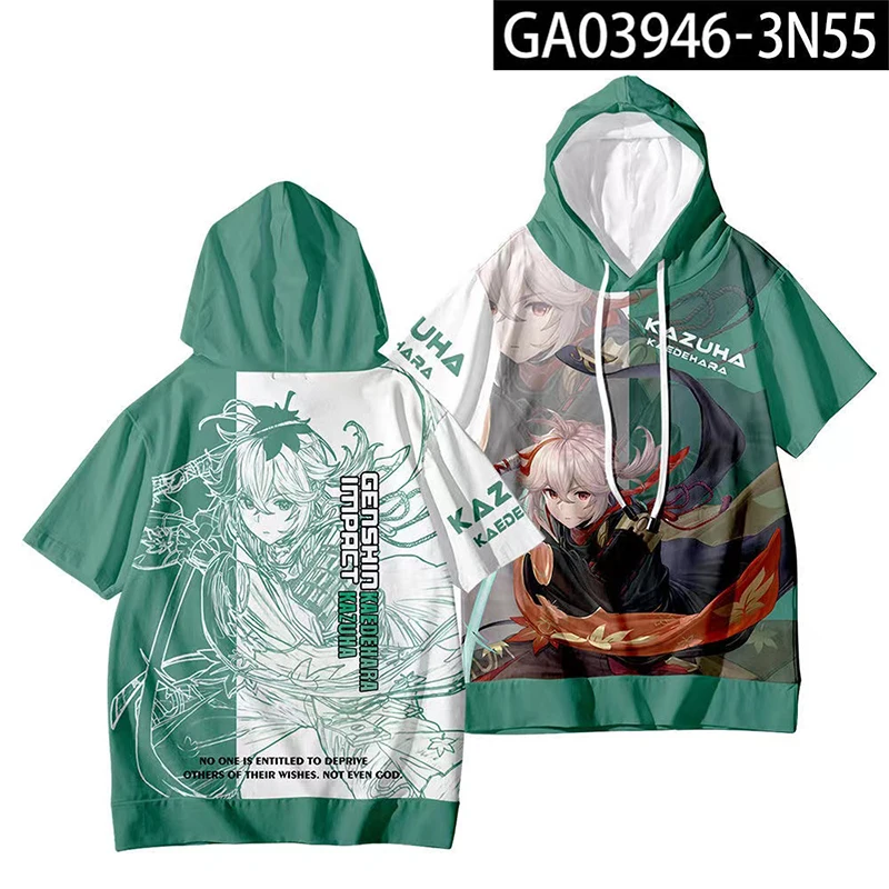 Anime Genshin Impact 3D Print Oversized T Shirt Kaedehara Kazuha Cosplay Short Sleeve Hooded T-shirt Casual Loose Pullover Tops