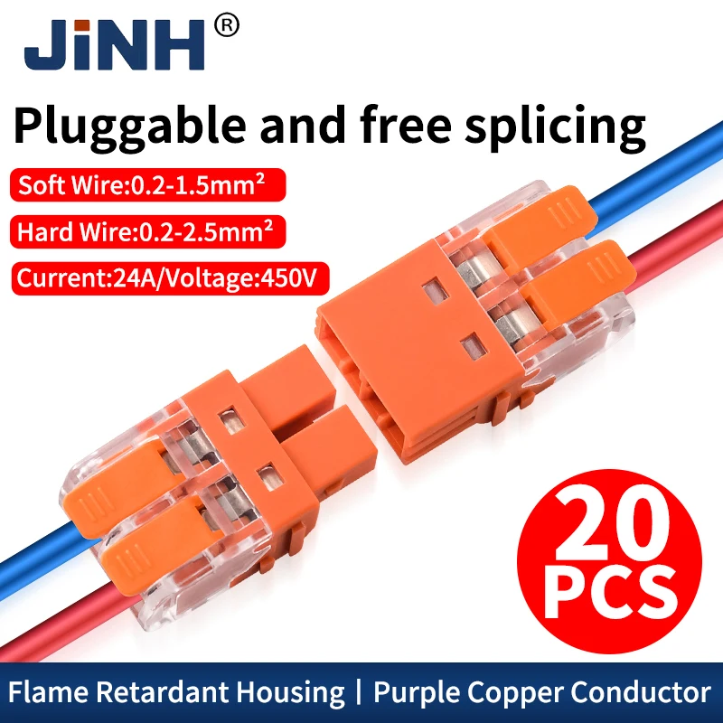 20Pcs Electrical Lever Wire Connector Male Female Pluggable Free Splicing Quick Parallel Terminal Block 0.2-2.5mm²/20-13AWG