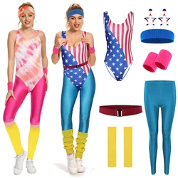 6PC Retro Women 80s Cosplay Fantasia Costume stampato Patchwork tuta donna adulta travestimento anni '80 vestito da festa vestito di Halloween