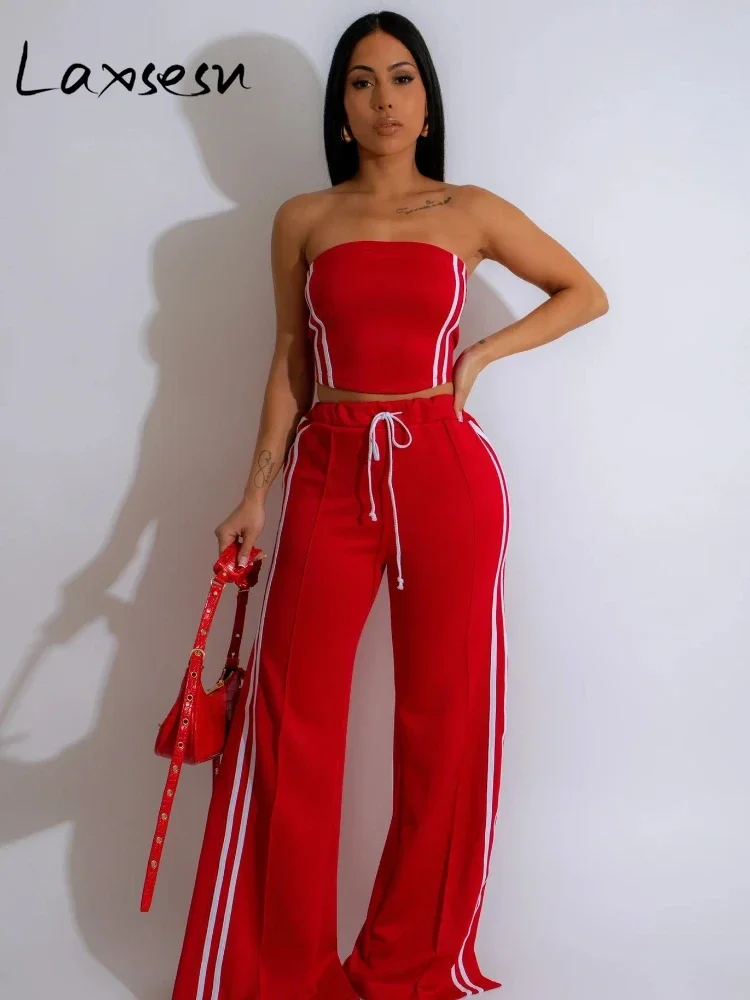 Laxsesu Fashion Women's Set Strapless Striped Ribbon Crop Top + Wide Leg Pants Suits Summer Streetwear Two 2 Piece Set Outfits