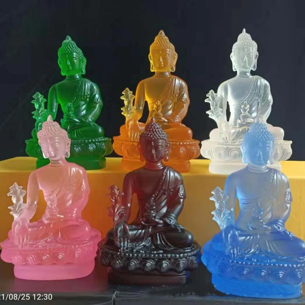 

A set 6P Asia home family safety efficacious protection Shrine Worship color crystal Medicine Tathagata RULAI BUDDHA statue