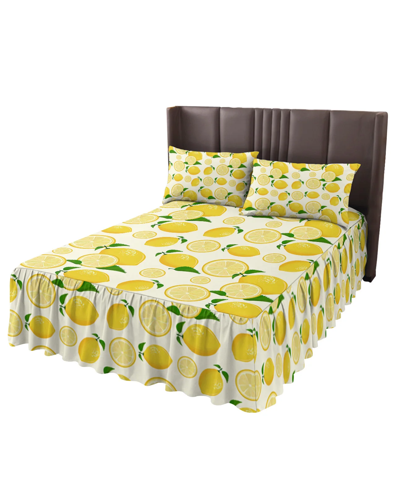 Fresh Summer Style Lemon Fruit Bed Skirt Elastic Fitted Bedspread With Pillowcases Mattress Cover Bedding Set Bed Sheet