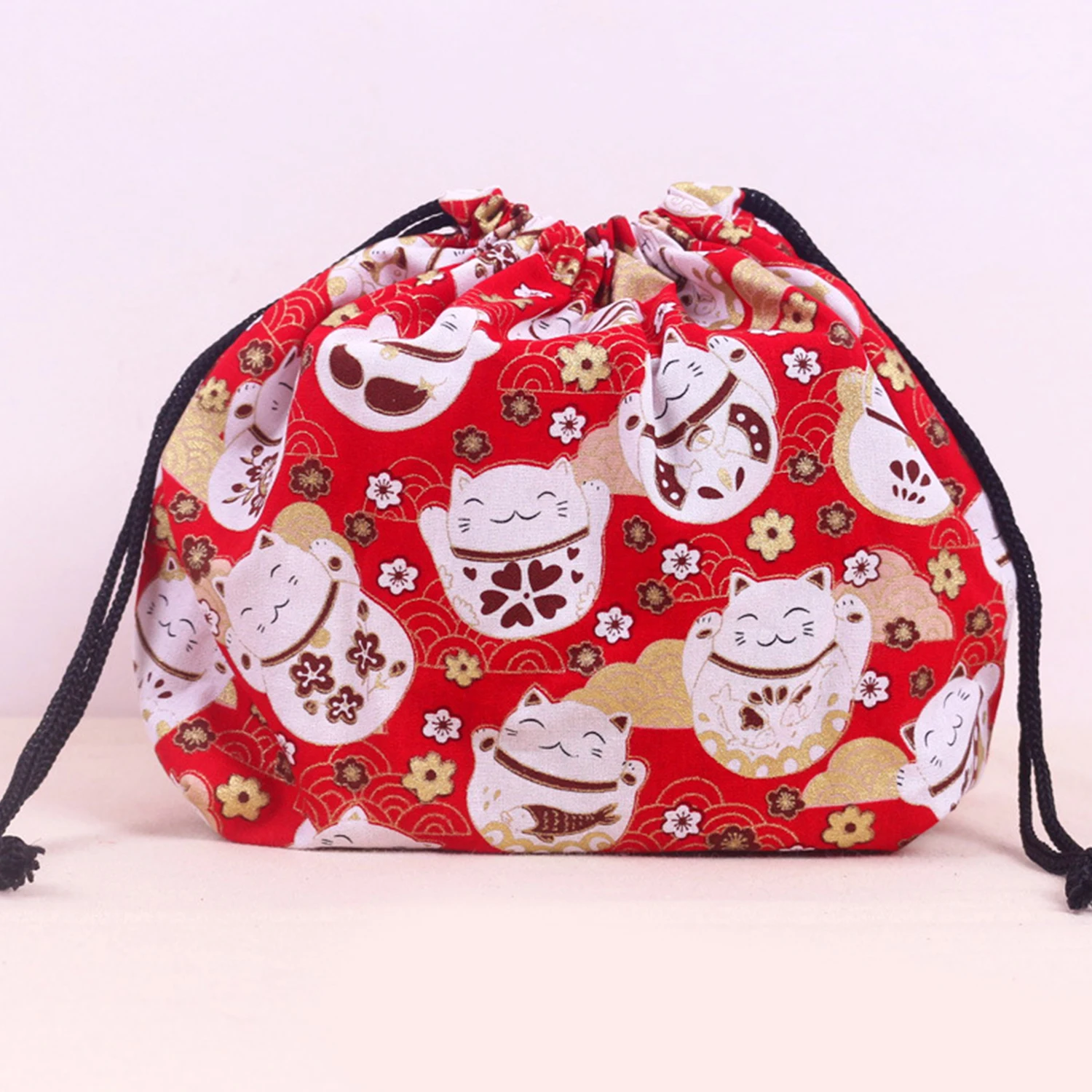 Japanese Cat Printing Drawstring Lunch Box Storage Bag For Travel Picnic Portable Easy Wash Bento Lunch Box Tote Pouch